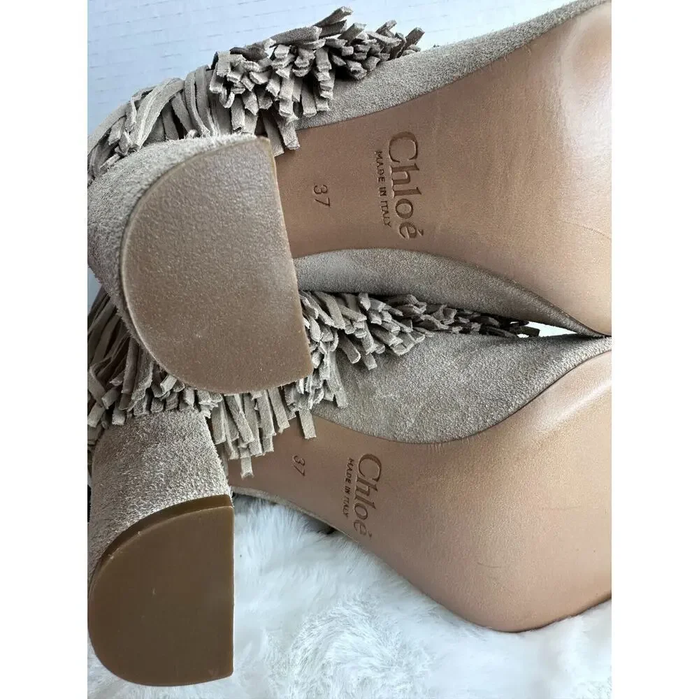Chloe Fringed Tasseled Suede Ankle Open Toes boots Size UE 37